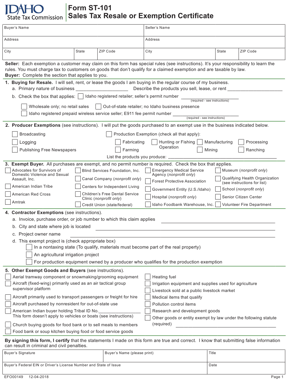 Form St 101 Sales Tax Resale Or Exemption Certificate Form Idaho