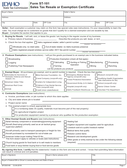 Idaho Sales Tax Exemption Form St 101 ExemptForm com