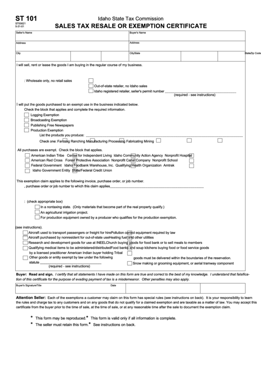 Form ST 101 Download Fillable PDF Or Fill Online Sales Tax Resale Or ExemptForm