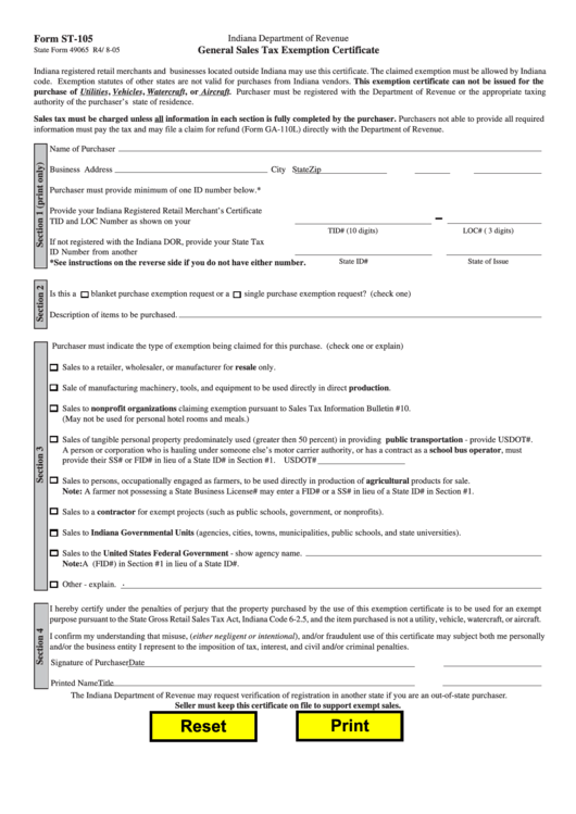 State Of Indiana Sales Tax Exemption Form