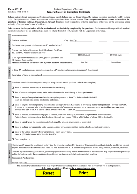 Form St 105 General Sales Tax Exemption Certificate Indiana 