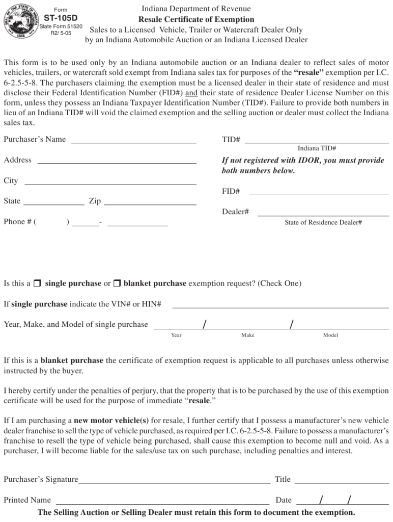 Form ST 105d Download Printable PDF Or Fill Online Resale Certificate 