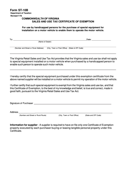 Form St 10b Sales And Use Tax Certificate Of Exemption Commonwealth 