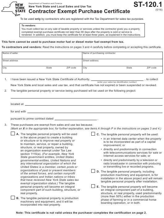 Form ST 120 1 Download Fillable PDF Or Fill Online Contractor Exempt 