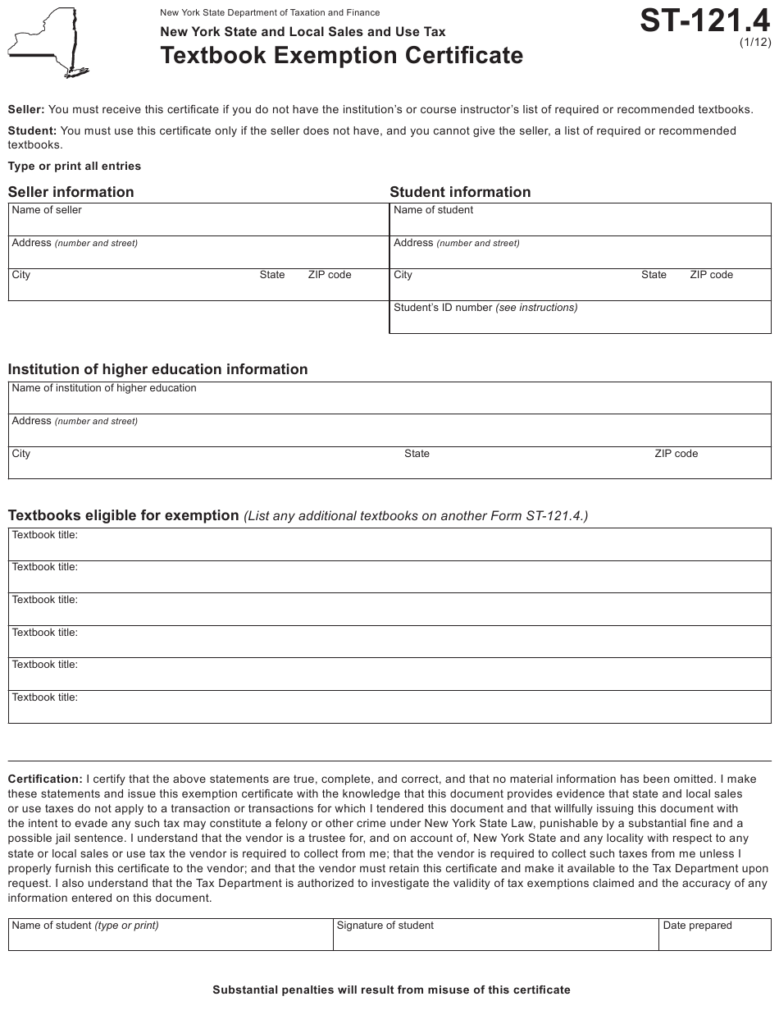 Form ST 121 4 Download Fillable PDF Or Fill Online Textbook Exemption 