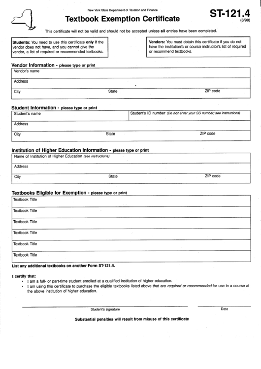 Form St 121 4 Textbook Exemption Certificate New York State 