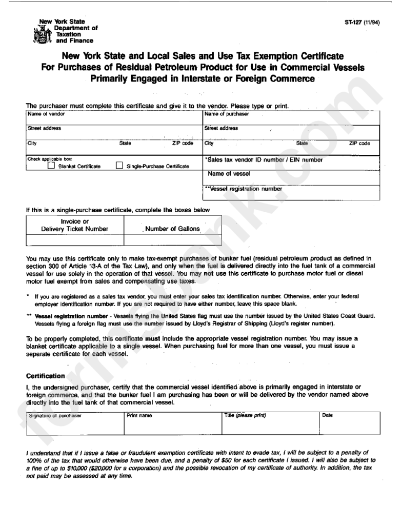 Form St 127 New York State And Local Sales And Use Tax Exemption 