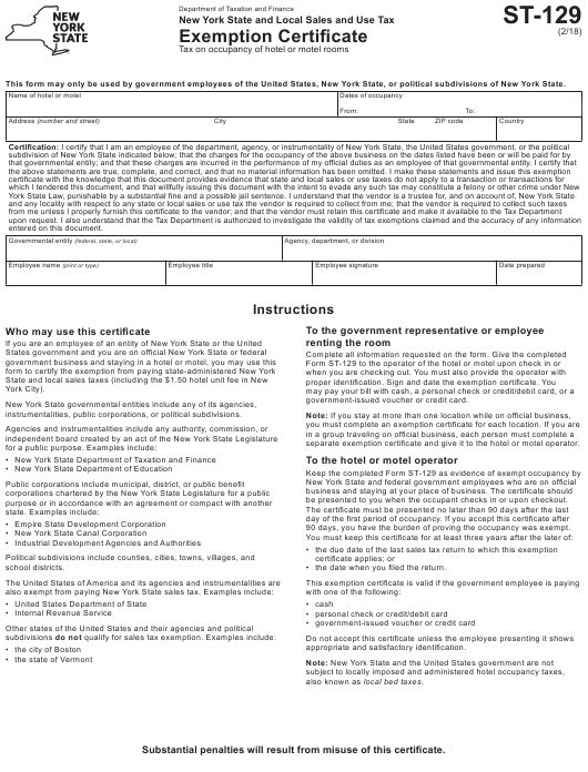 Form ST 129 Download Fillable PDF Or Fill Online Exemption Certificate 