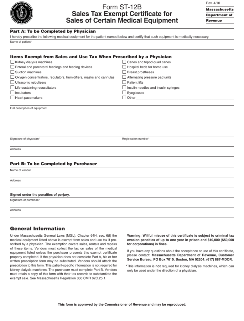 Form ST 12B Download Printable PDF Or Fill Online Sales Tax Exempt 