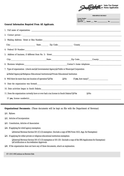 Form St 130 Sales Tax Exempt Status Application 1999 Printable Pdf 