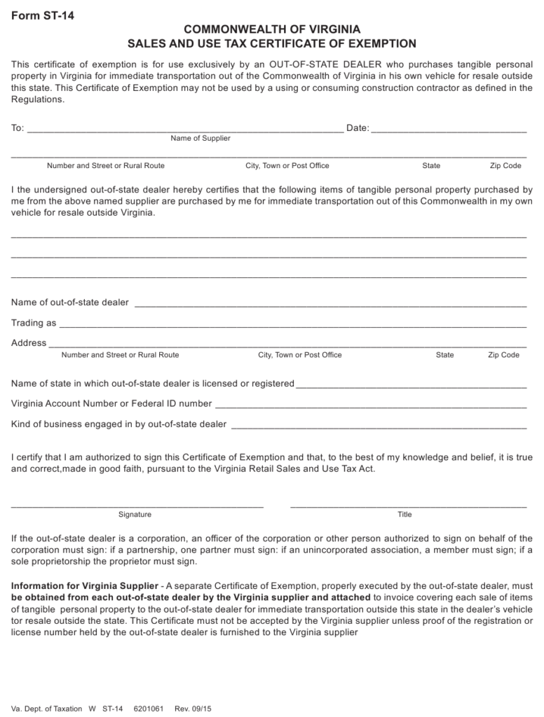 Form ST 14 Download Fillable PDF Or Fill Online Out Of State Resale 