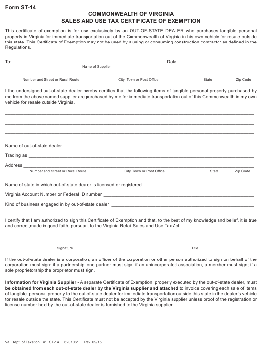 Form ST 14 Download Fillable PDF Or Fill Online Out Of State Resale