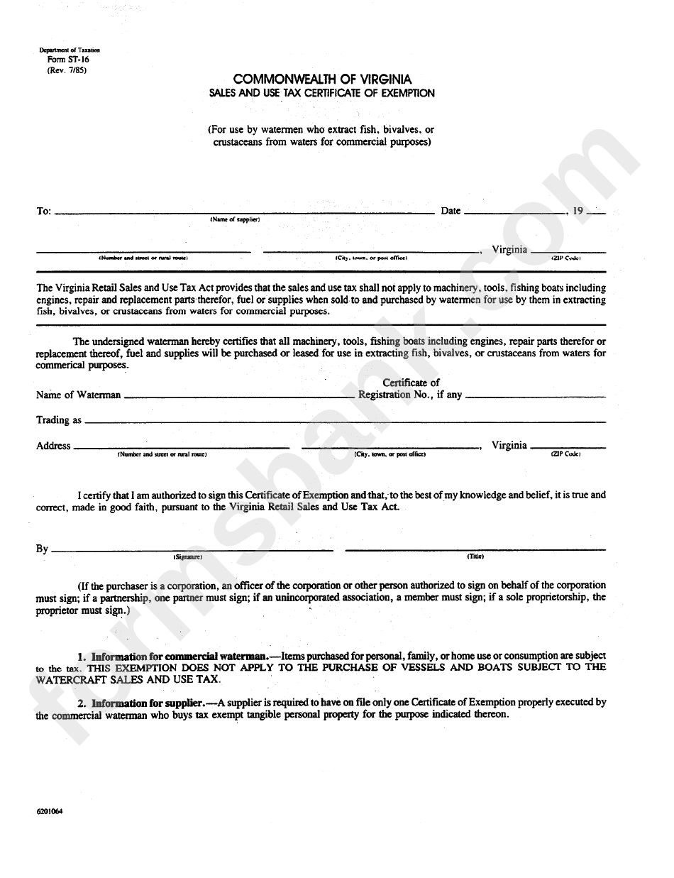 Form St 16 Sales And Use Tax Certificate Of Exemption Commonwealth 