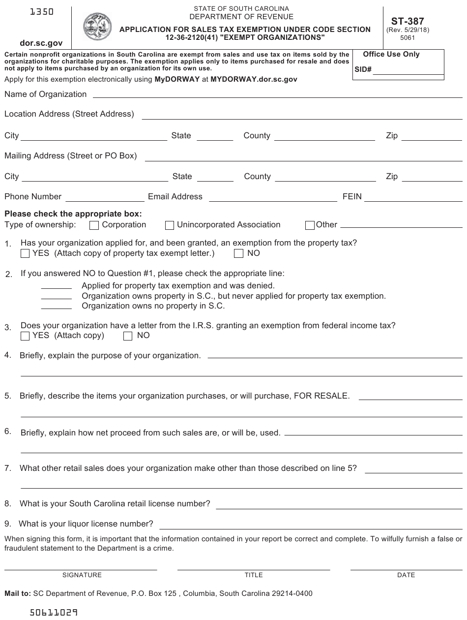 South Carolina State Sales Tax Exemption Form