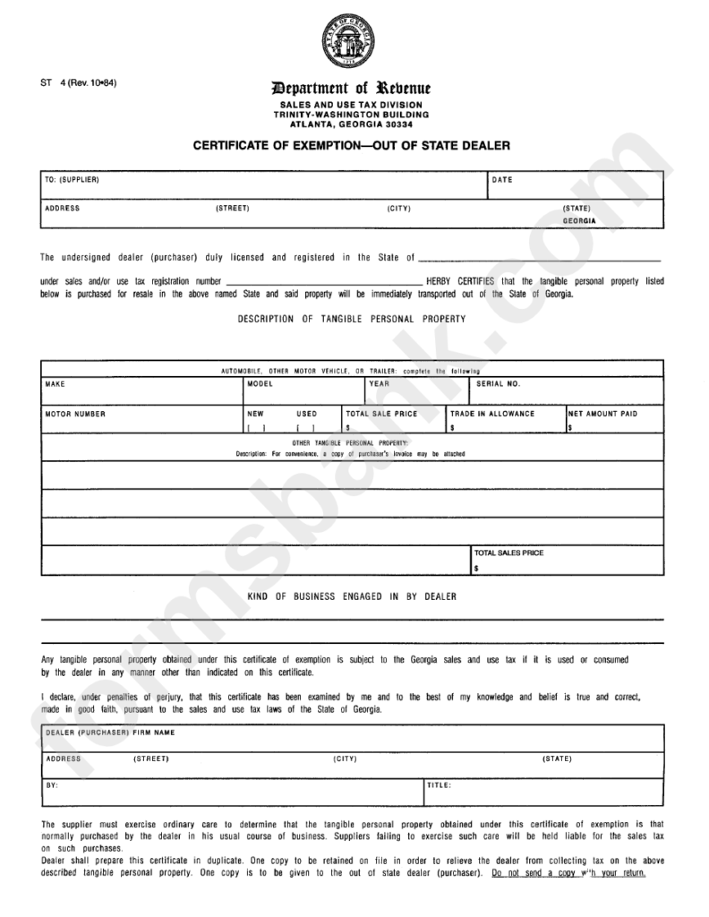 Form St 4 Certificate Of Exemption Out Of State Dealer 1984 