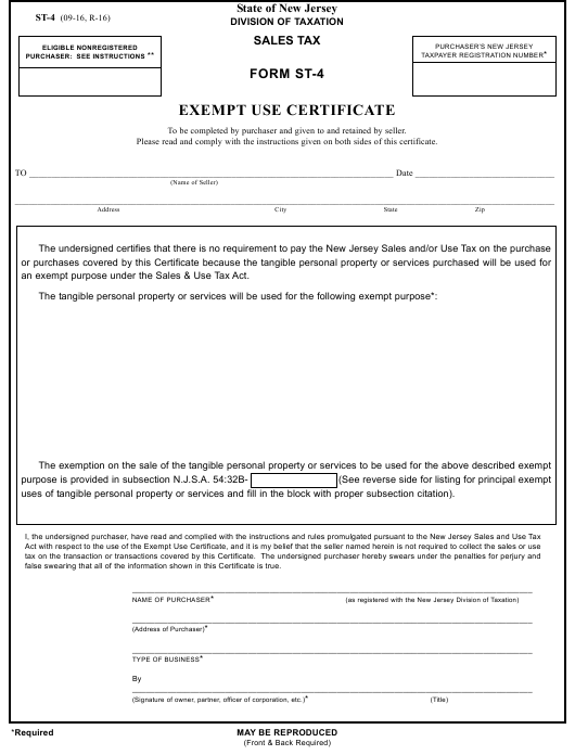 Form ST 4 Download Fillable PDF Or Fill Online Exempt Use Certificate 