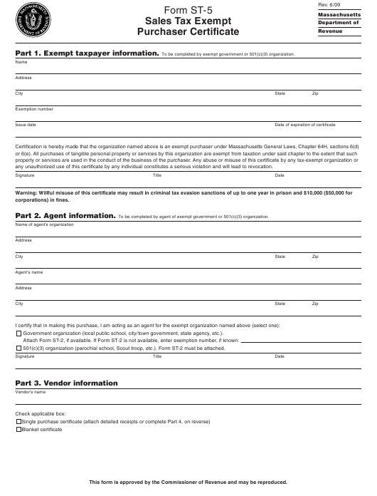 Form ST 5 Download Printable PDF Or Fill Online Sales Tax Exempt 