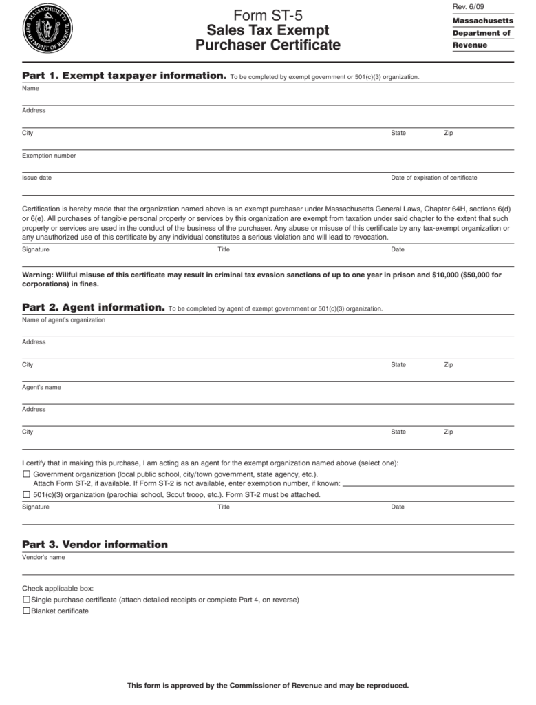 Form ST 5 Download Printable PDF Or Fill Online Sales Tax Exempt