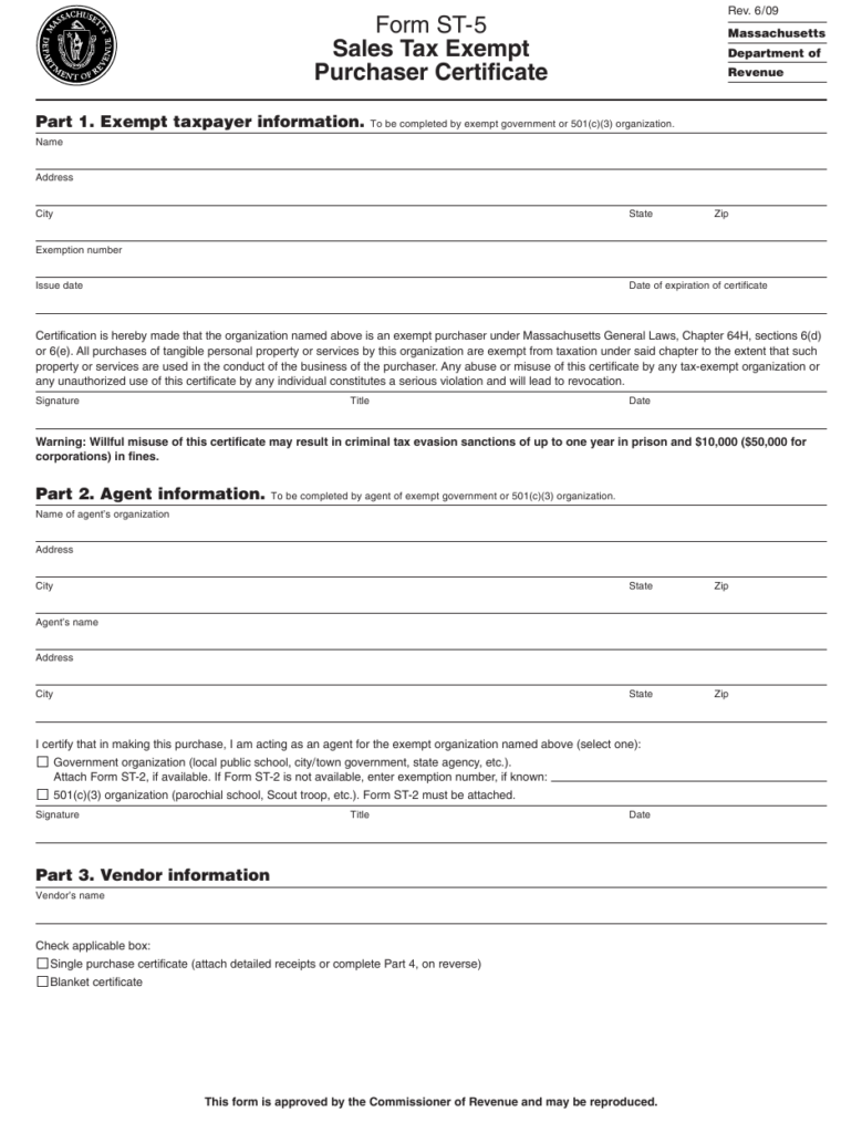 Form ST 5 Download Printable PDF Or Fill Online Sales Tax Exempt 