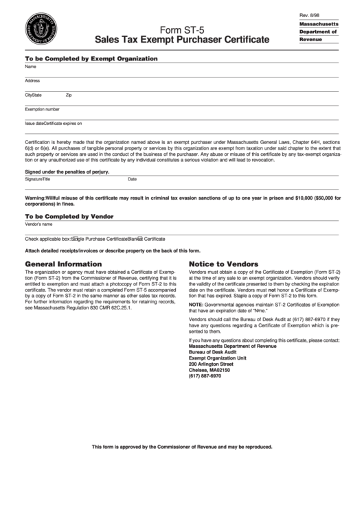 Form St 5 Sales Tax Exempt Purchaser Certificate Massachusetts 
