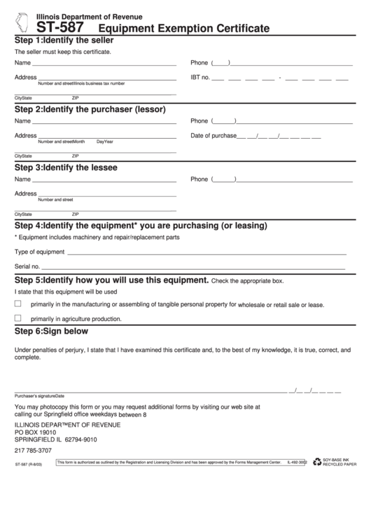 Form St 587 Equipment Exemption Certificate 2003 Printable Pdf Download