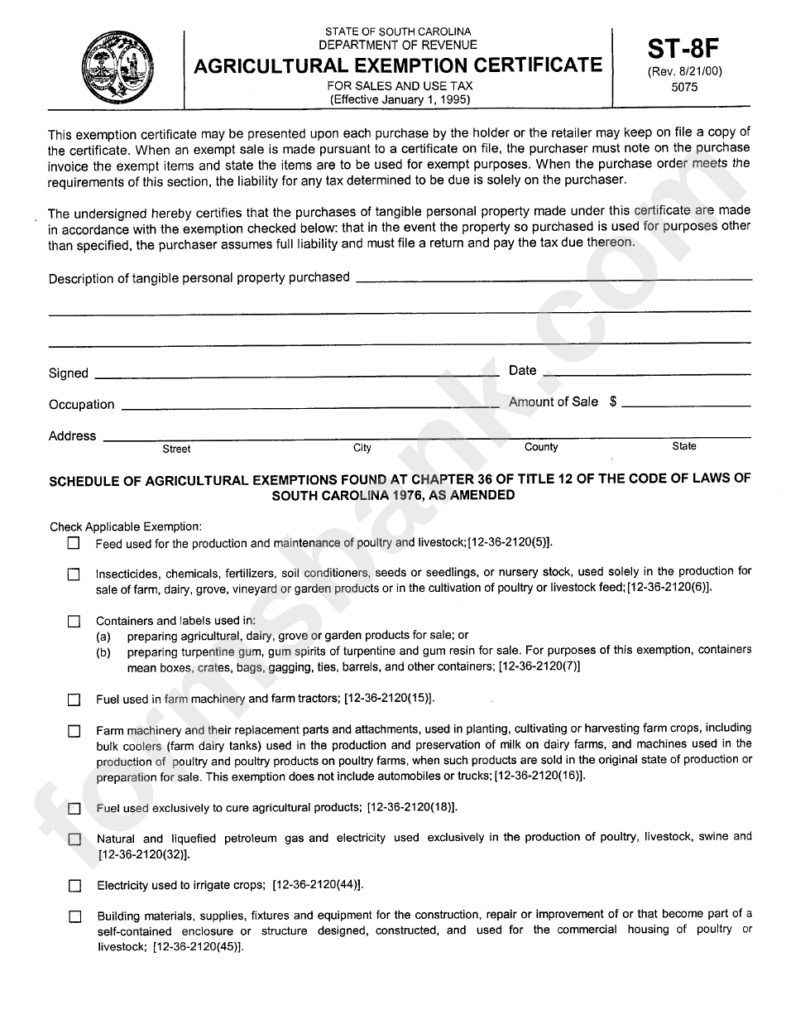 Form St 8f Agricultural Exemption Certificate Printable Pdf Download