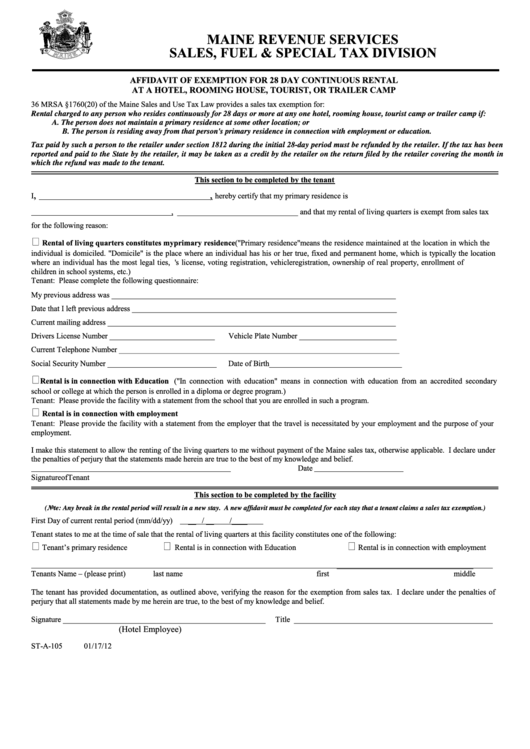 Form St A 105 Affidavit Of Exemption For 28 Day Continuous Rental At 