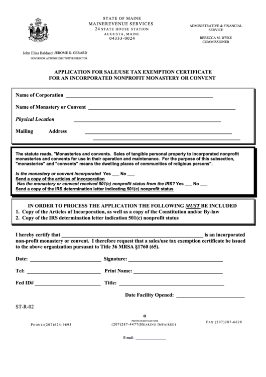 Form St R 02 Application For Sale use Tax Exemption Certificate For 