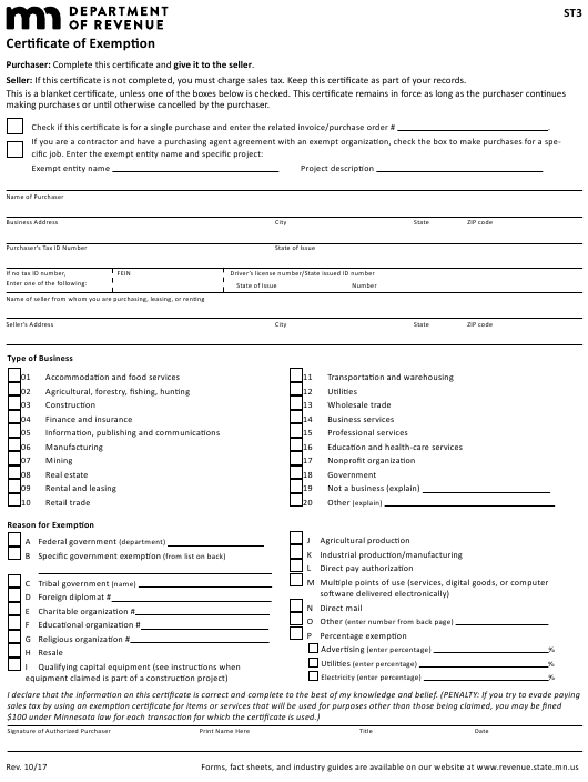 Form ST3 Download Fillable PDF Or Fill Online Certificate Of Exemption 