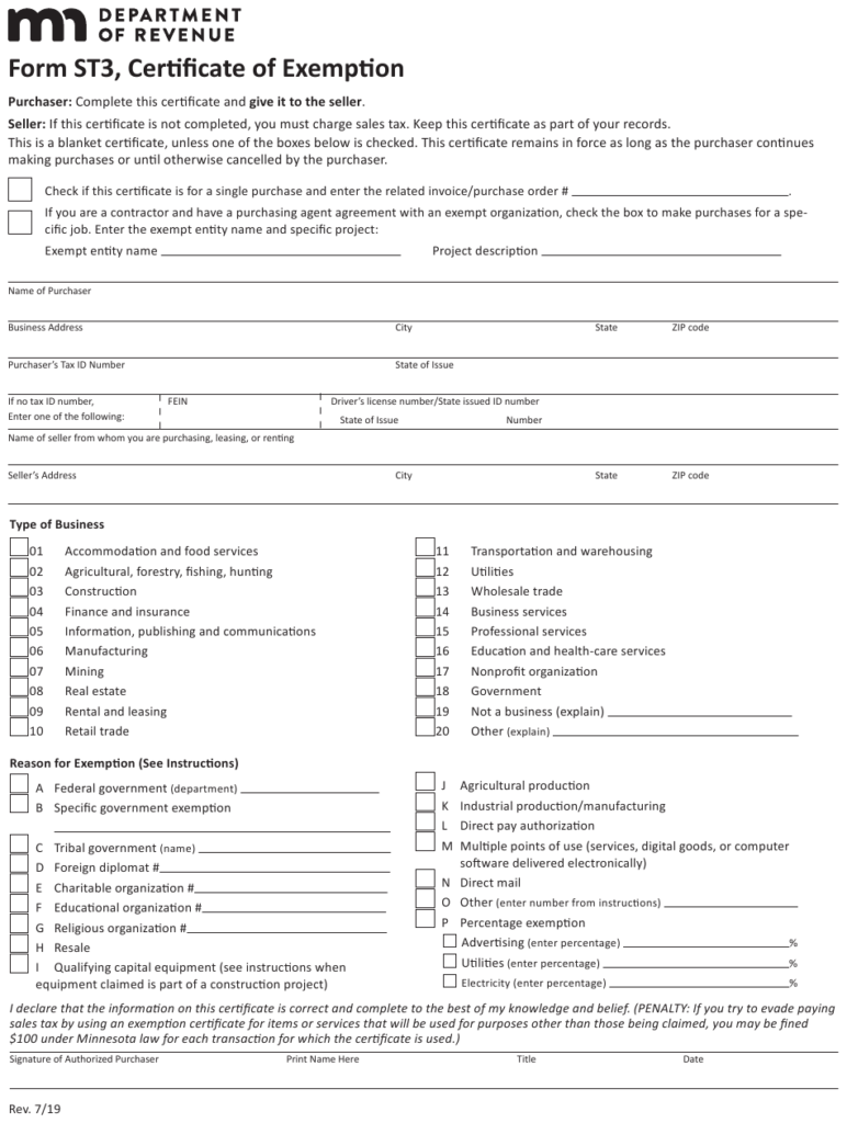 Form ST3 Download Fillable PDF Or Fill Online Certificate Of Exemption 