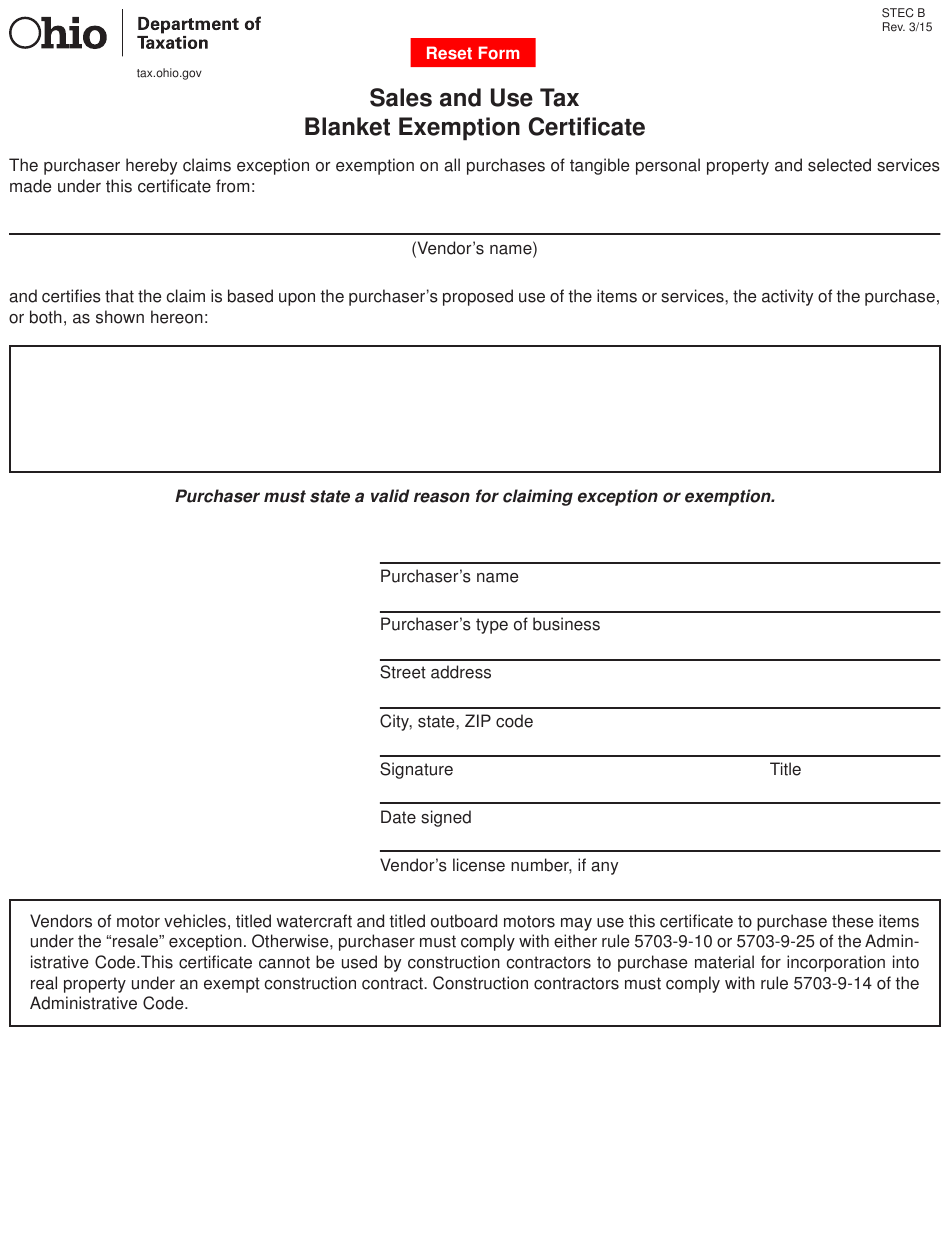 State Of Ohio Sales And Use Tax Blanket Exemption Form