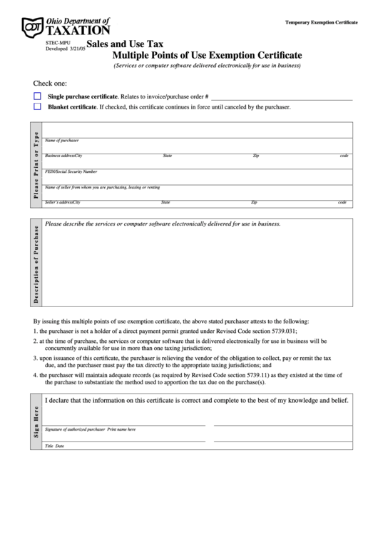 Form Stec Mpu 2005 Sales And Use Tax Multiple Points Of Use 