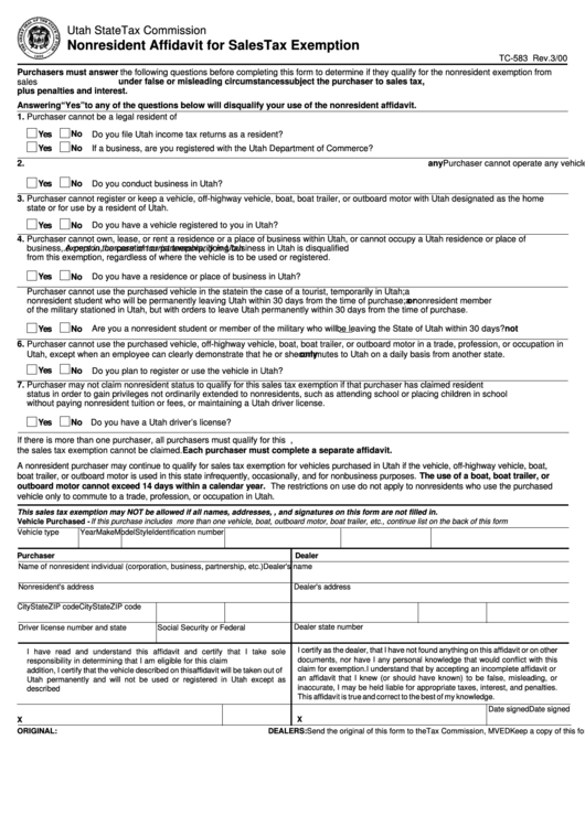 Form Tc 583 Nonresident Affidavit For Sales Tax Exemption Printable 