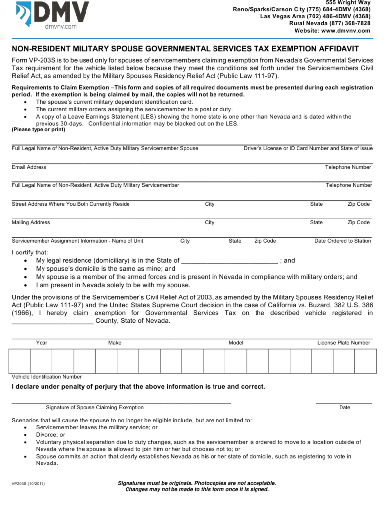 Form VP203S Download Fillable PDF Or Fill Online Non resident Military 