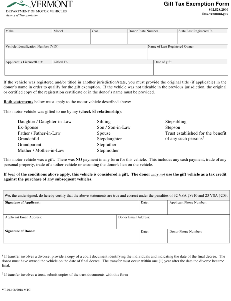 Form VT 013 Download Fillable PDF Or Fill Online Gift Tax Exemption 