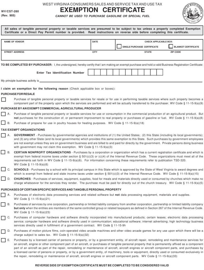 Form WV CST 280 Download Fillable PDF Or Fill Online Exemption 