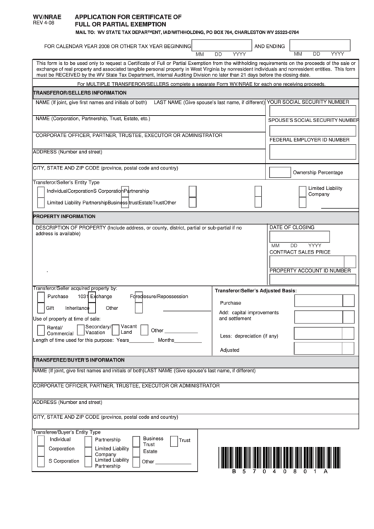 Form Wv nrae Application For Certificate Of Full Or Partial Exemption 