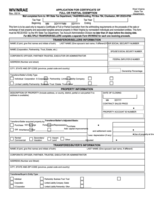 Form Wv nrae Application For Certificate Of Full Or Partial Exemption 