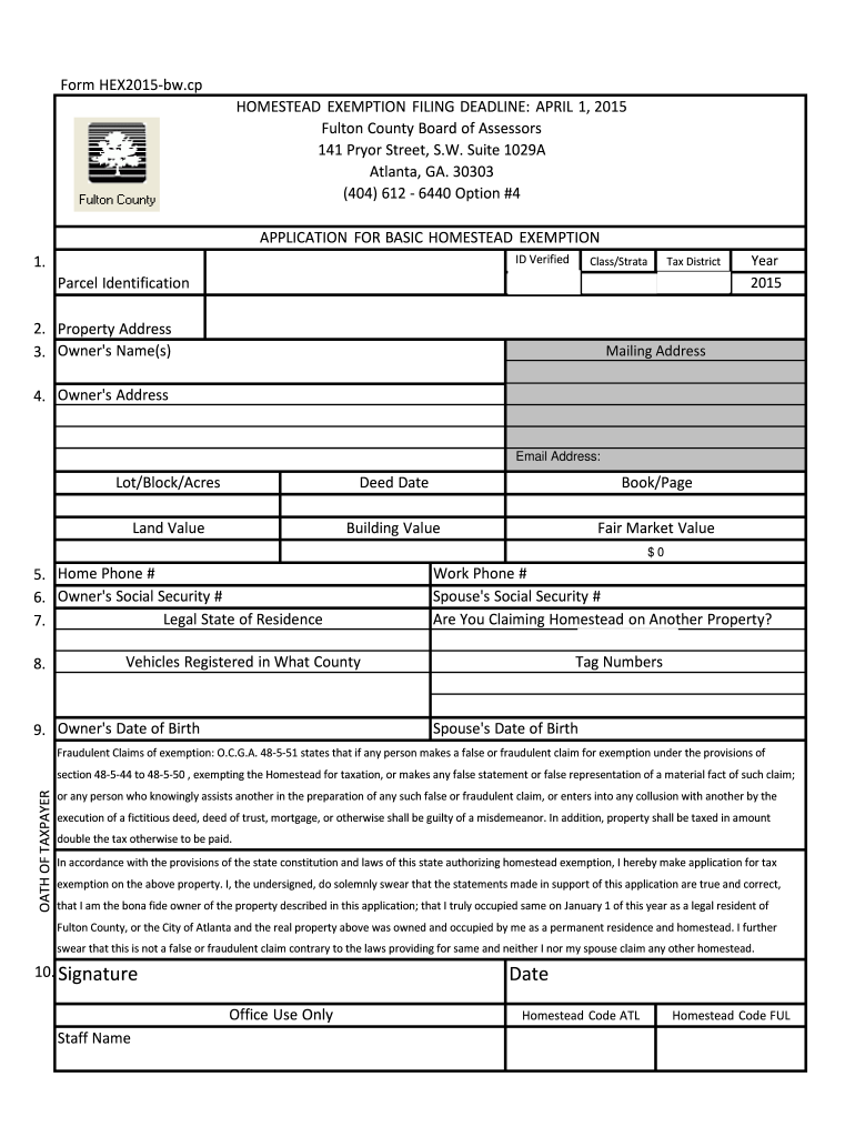 GA Application For Basic Homestead Exemption Fulton County 2015 