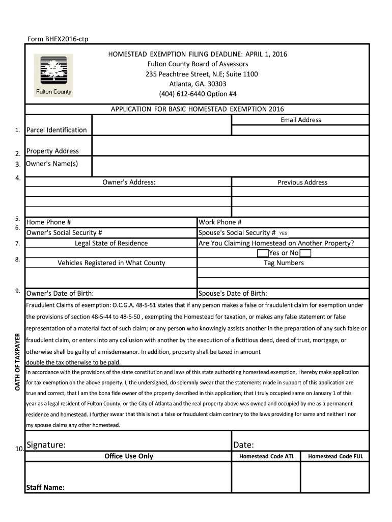 GA Application For Basic Homestead Exemption Fulton County 2016 