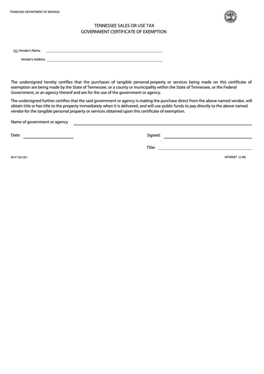 Government Certificate Of Exemption State Of Tennessee Printable Pdf 