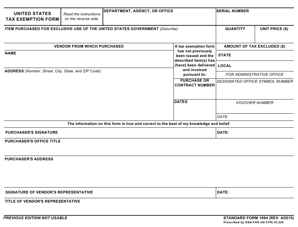 GSA Form SF 1094 Download Fillable PDF Or Fill Online United States Tax