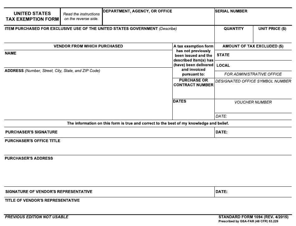 GSA Form SF1094 Download Fillable PDF Or Fill Online United States Tax