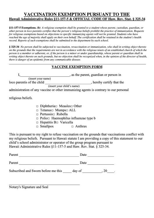 Hawaii Vaccination Exemption Form Printable Pdf Download