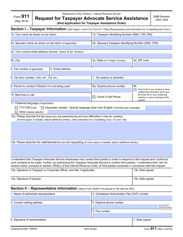 How To Complete Form 911 Request For Taxpayer Advocate Service 