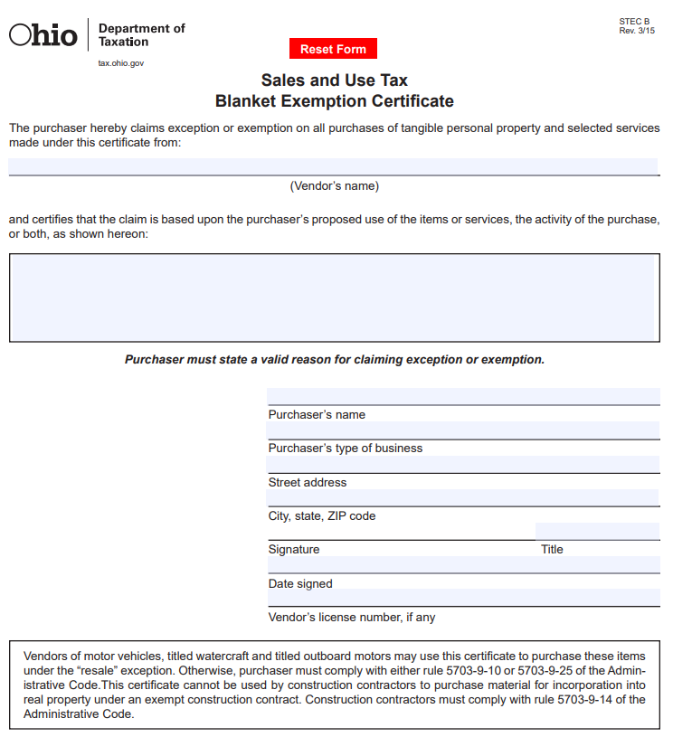 Ohio Sales And Tax Exemption Form