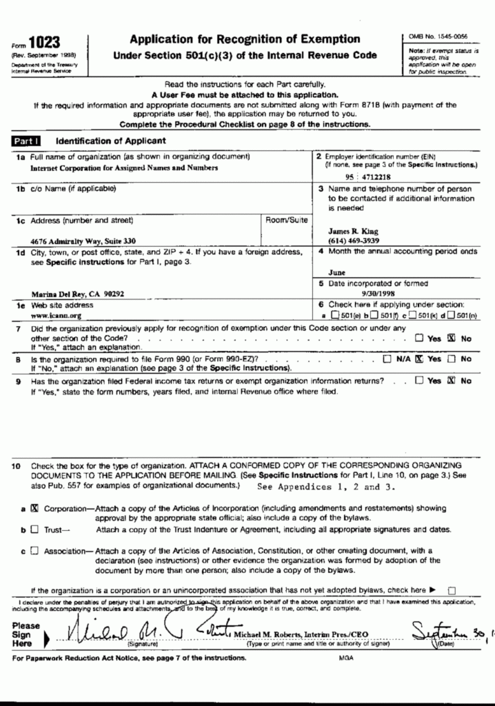 ICANN Application For Tax Exemption U S Page 1