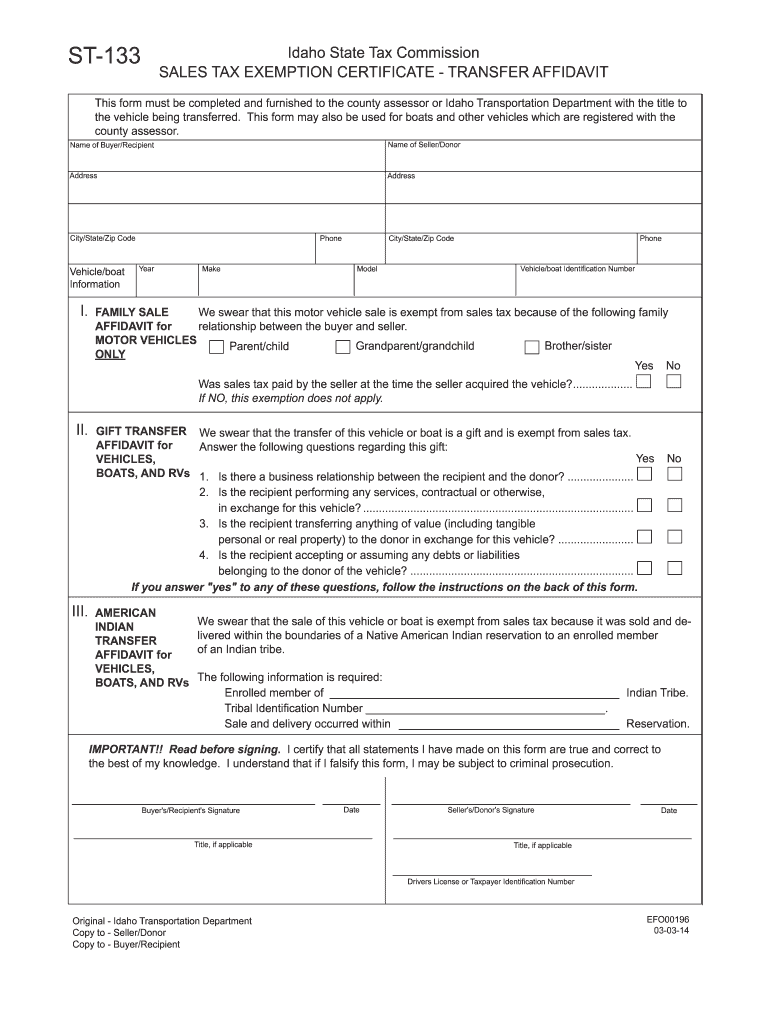 Idaho Sales Tax Exemption Form St 133 2020 2021 Fill And Sign