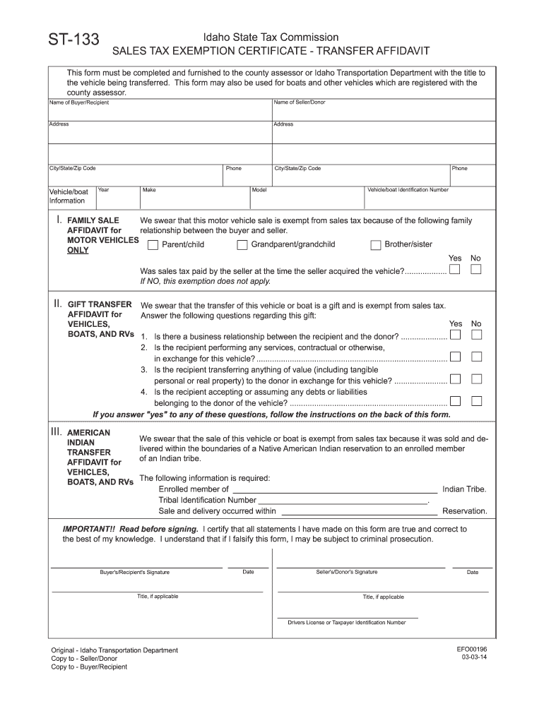 Idaho Sales Tax Exemption Form St 133 Fill Online Printable 