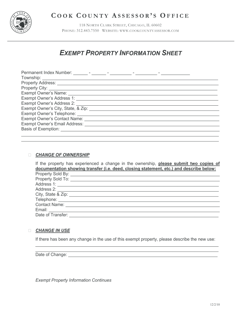 IL Cook County Exempt Property Info Sheet 2010 2021 Fill And Sign 